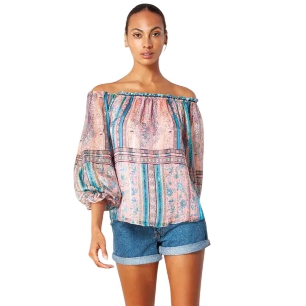 NWT Hale Bob Lia Silk Lurex Top Off Shoulder Boho Paisley Print Blouse Top XS